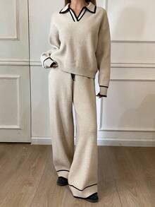 DAZY 女士休闲撞色针织毛衣和裤子两件套，秋冬 - 卡其色 - 查看 4