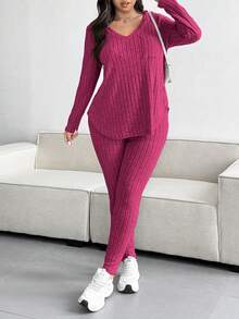 Vionelle Plus Size Solid Color Textured V-Neck Top And Pants Set Fall - Hot Pink - View 9
