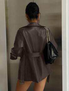 DAZY 女士休闲系带翻领西装外套，常规版型，秋季女式外套 - 咖啡棕 - 查看 2
