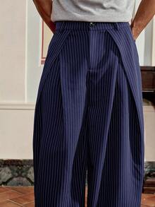 SWAVVY 男士时尚通勤条纹锥形裤 - 藏蓝色 - 查看 2