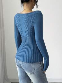 SHEIN Elenzya Sexy Off Shoulder Vintage Cable Knit Slim Fit Ribbed Cuff Long Sleeve Sweater For Women, Autumn/Winter - Teal Blue - View 2
