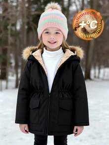 SHEIN 少女纯色休闲保暖连帽外套，秋冬 - 彩色 - 查看 1