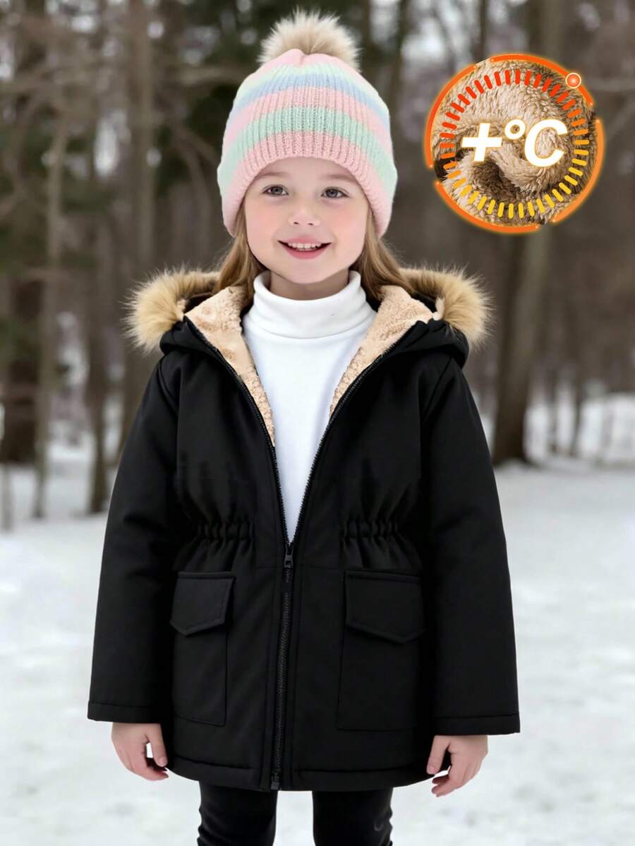 SHEIN 少女纯色休闲保暖连帽外套，秋冬 - 彩色 - 查看 1