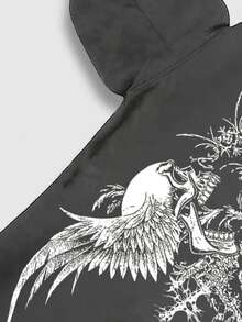 ROMWE MEN Goth 男士骷髅印花长袖保暖内衬休闲抽绳连帽运动衫，秋冬 - 灰色 - 查看 3