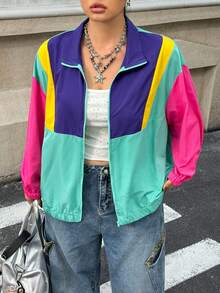 Muchica Plus Size Color Block Patchwork Jacket, Casual Autumn - Multicolor - View 6