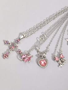 ROMWE Goth 5件套哥特复古风项链套装，包含十字架、太阳、月亮、飞蛾和骷髅吊坠，万圣节 - 粉色 - 查看 5