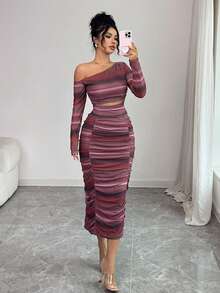 Rafferiza Women's Striped Asymmetric-Shoulder Long Sleeve Cropped Top And Pleated Midi Skirt Fitted 2 Pieces Set Elegant Midi Dress Sexy Curve Dress Slay Diva Dress - Multicolor - View 3