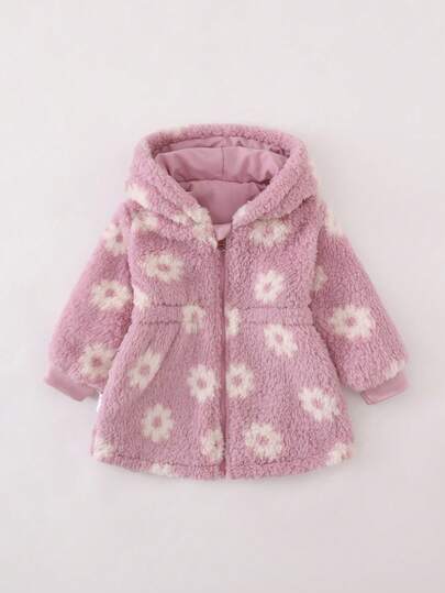 SHEIN Playful Pals Girls' Reversible Floral Print Hooded Zip-Up Thick Long Sleeve Jacket, Versatile For Winter, Indoor/Outdoor, Back To School, Casual Wear