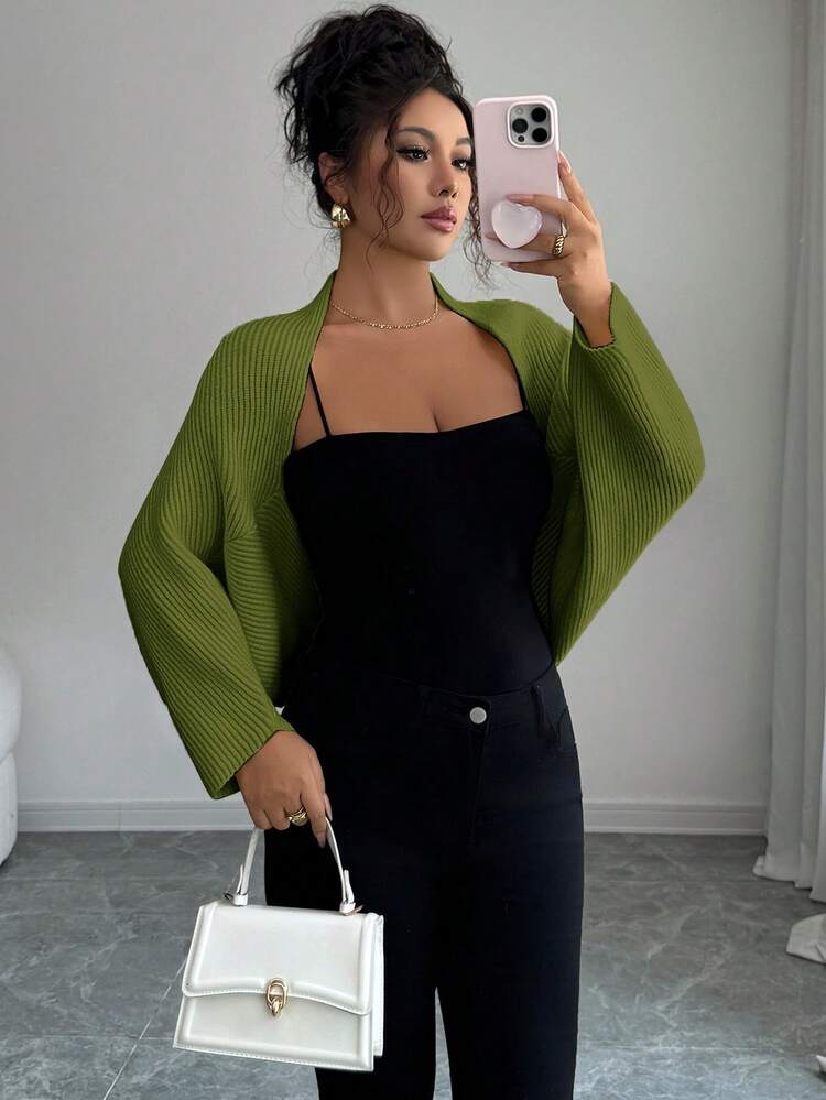 Elenzga Women's Batwing Sleeve Cardigan, Versatile, Elegant, Suitable For Vacation, Holidays, High-End Brand, Knitted Sweater - Olive Green - View 1