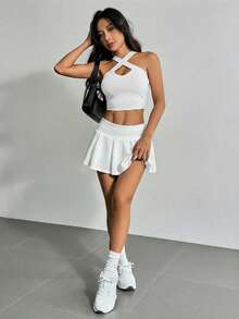 SHEIN EZwear 夏季外出宽腰带腰部喇叭下摆白色迷你裙 - 白色 - 查看 3