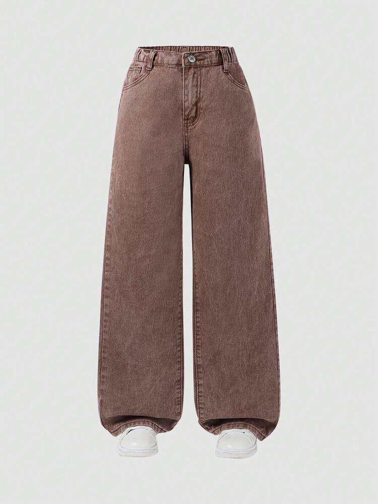 SHEIN ChillGRL Quần jeans ống đứng cạp chun có túi phẳng phong cách Y2K cho bé gái tuổi teen, quần jeans rộng màu nâu dễ thương, thích hợp mặc hàng ngày. - Cà phê nâu - Xem 3