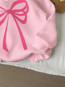 SHEIN 女童休闲可爱蝴蝶结装饰宽松圆领舒适针织长袖运动衫，奶油粉色，适合秋冬季 - 彩色 - 查看 3