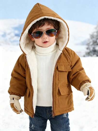 1 件男婴/女婴/中性婴儿/幼儿秋冬休闲卡其色加厚连帽长袖连体衣，带白色羊毛前袋装饰，简约时尚百搭设计，适合日常休闲穿着