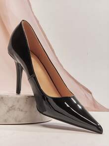 SHUZIA Tacones de aguja de patente PU artificial de punta minimalista para mujer - Negro - Ver 3