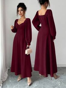 Elenzga 女士优雅方领泡泡袖束腰长裙，适合日常通勤 - 酒紅色 - 查看 8