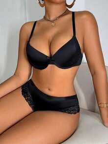 1 Set Women's Underwear With Underwire Bra + Thong Panty, Black - Black - View 7