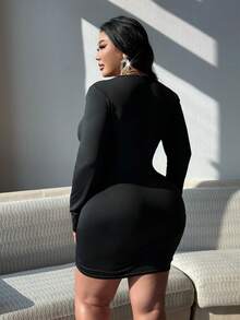 NU&NOW Plus Size Women's Solid Color Knit Elastic Fabric Round Neck Metal Button Decor Hollow Sexy Mini Dress, Sexy Bombshell Style, Party Dress, Date Dress, Clubwear, Bad Girl Style, Hip Hop Style