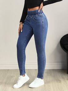 Flexra 中腰松紧腰拼接弹力紧身牛仔裤 - 深色水洗藍 - 查看 4