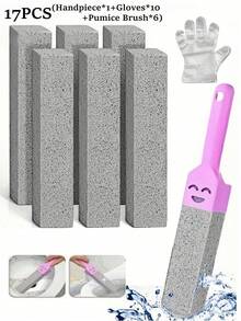 17-Piece Pumice Toilet Brush Set (With Handle) - Bathroom Cleaning Stone For Removing Limescale, Rust Stains, And Dirt From Toilets, Tiles, Sinks, And Bathtubs. Bathroom Cleaning Tool With Ergonomic Handle And Pumice Stone. Bathroom And Toilet Cleaning Brush.