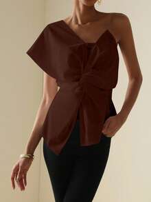 Vesra Women's Solid Color Minimalist Twist + One Shoulder Blouse - Rust Brown - View 4