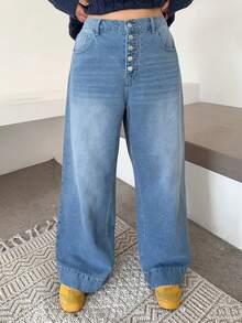 Dazy Plus Calça jeans feminina longa, azul, plus size, com 5 botões, solta, perna reta, lavada, adequada para todas as estações - Lavagem leve - Ver 5