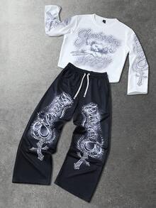ROMWE MEN Street Life Men's Minimalist Print Cross Crew Neck Long Sleeve Sweatshirt And Pants Set - Multicolor - View 3