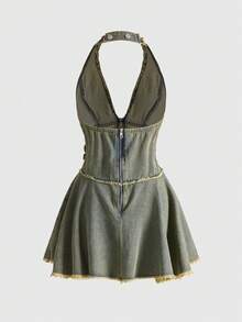 ROMWE Grunge Punk Y2K Distressed Washed Color Open Shoulder Ruffle Hem Mini Denim Dress, Retro Blue - Dark Wash - View 4