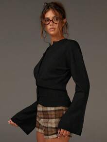 Athîral 女式时尚百搭纯色束腰喇叭袖开衫 - 黑色 - 查看 6