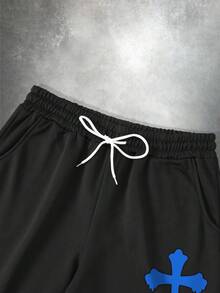 PAVTROS 2 件男士彩色十字架和纽约口号图案印花街头风连帽衫和运动裤套装，秋季服装 - 黑色 - 查看 5