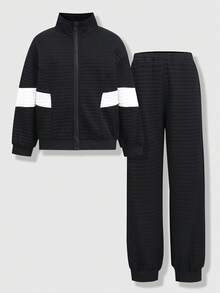 Explorewe 2pcs/Set Tween Boys' Black Casual Patchwork Textured Knit Jacket Coat & Jogger Pants Set, Practical Outfit Combining Relaxed Yet Refined Style, Soft Fabric Provides Comfortable Wear, Suitable For Autumn/Winter - Black - View 3