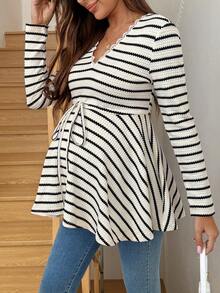 SHEIN 休闲女装，秋季，孕妇款，撞色蕾丝V领长袖腰带条纹T恤 - 白色 - 查看 5