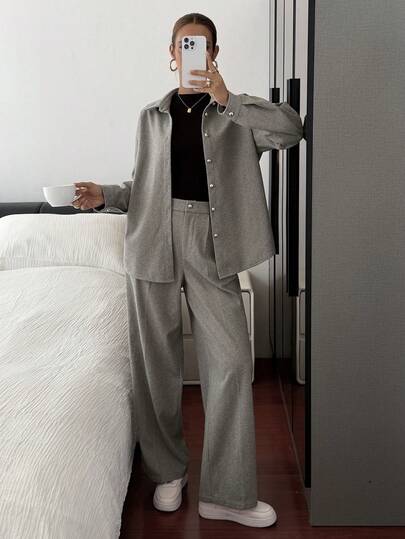 DAZY 女性用カジュアル通勤ヘリンボーンシャツ&パンツ 2点セット