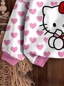 SHEIN Hello Kitty and Friends | Modeflare Wear 可爱女孩粉色波尔卡圆点心形休闲宽松柔软针织圆领套头衫，适合上学、社交、睡前、女婴 - 彩色 - 查看 7