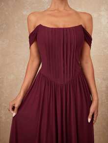 Lumalex Winter Fall Off Shoulder Sheer Flowy Tie-Waist Dress With Metallic Pleated  Luxury Prom Gathering Party Banquet Modest Old Money Coquette Glitter Holiday Party Rave Festival Outing Vacation Hot Outdoor Richly Layered Wedding Season Banquet ID Al-Adha Al-Adha Party New Year Looks Of Party Gala Night Party Dress For Autumn - Rose Red - View 4