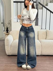 SHEIN EZwear Quần jeans ống đứng thêu họa tiết cổ điển lấy cảm hứng từ châu Á dành cho nữ - Rửa tối - Xem 6