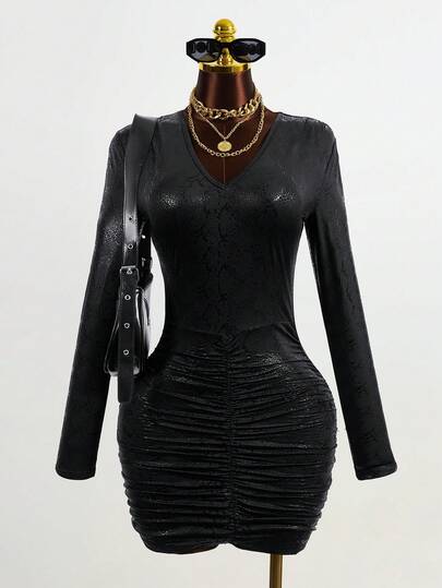 Mistrie Vestido ajustado y sexy con pliegues y estampado de piel de serpiente