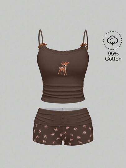 J-Fashion Ensemble décontracté femme comprenant un débardeur avec dentelle et broderie de cerfs mignons, et un short