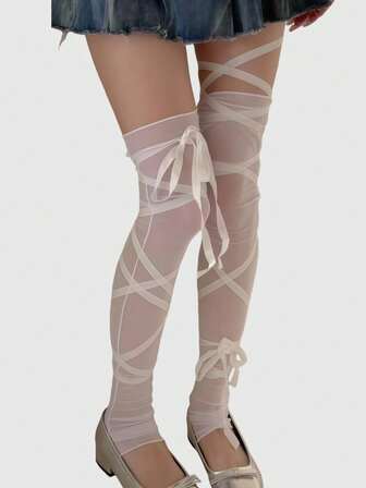 Anime Calcetines por encima de la rodilla asimétricos con cruce atado, estilo punk Y2K, unicolor ajustable para mujeres