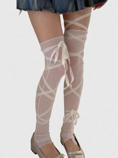 Anime Y2K Punk Style Asymmetrical Cross Tied Over-The-Knee Socks, Adjustable Solid Color Women Thigh High Stockings