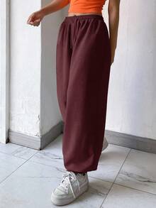 DAZY Women's Loose Drawstring Waist Ankle Cuffed Long Sweatpants Y2k - Burgundy - View 5