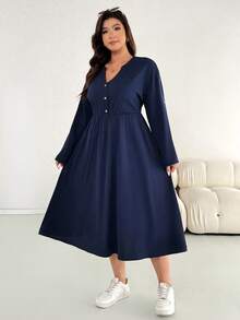 SHEIN Essnce 大码女装秋冬时尚休闲宽松舒适日常深蓝色 V 领长袖腰中长连衣裙带口袋，秋季服装，简约风格，工作服 - 藏蓝色 - 查看 3