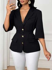SHEIN Lady Women's Fashionable Elegant Single-Breasted Thin Blazer - Black - View 6