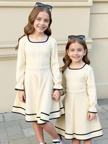 Vestido elegante con mangas raglán y ribete de bloques de color para niña preadolescente - Beis - Ver 1