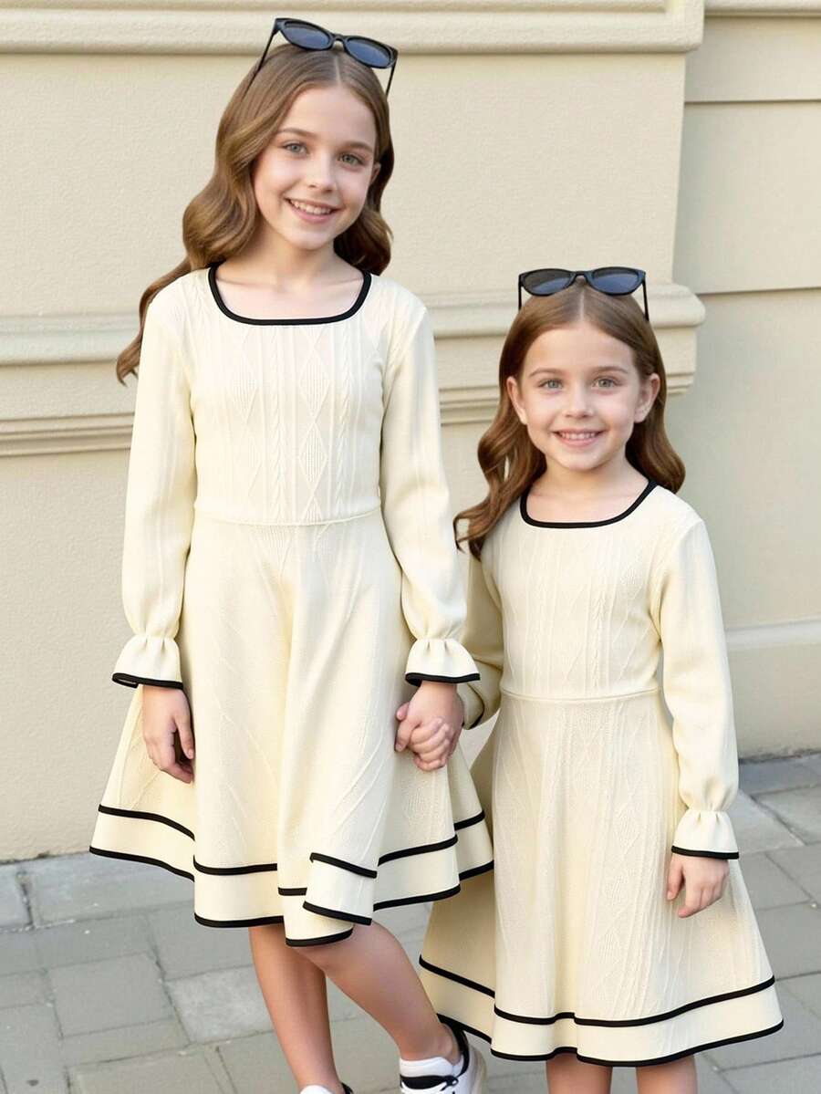 Vestido elegante con mangas raglán y ribete de bloques de color para niña preadolescente - Beis - Ver 1