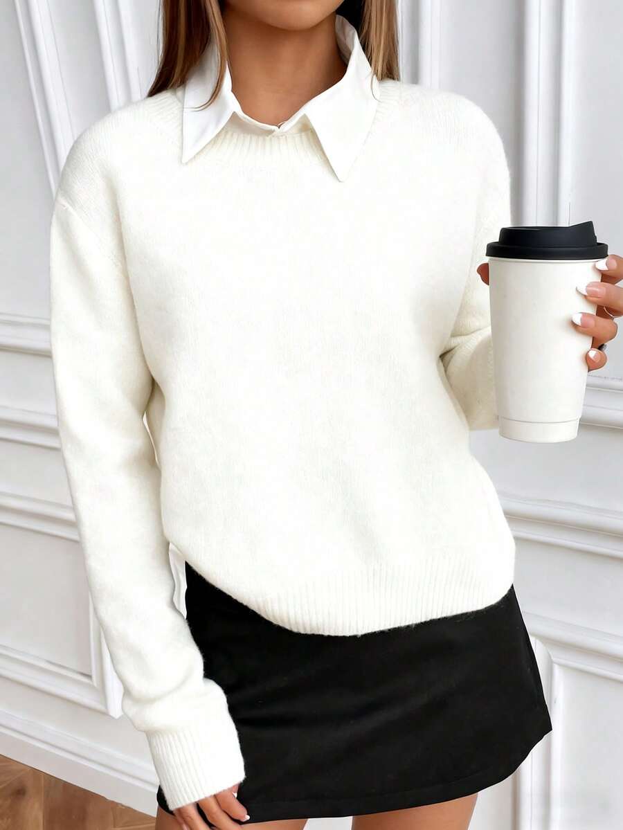 SHEIN Slouchy Solid Color Crew Neck Knit Long Sleeve Sweater - White - View 1