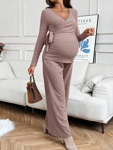 SHEIN Bộ 2 áo thun dài tay gân màu trơn cho bà bầu và quần ống đứng rộng rãi - Hồng - Xem 7