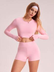 Sovereign Charm 女式纯色圆领长袖露背T恤和紧身裤运动套装 - 粉色 - 查看 4