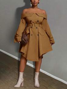 Slaydiva Robe asymétrique à épaules dénudées et double boutonnage pour femmes grandes tailles, couleur unie, robe kaki d'automne pour femmes, robe marron café, robe marron élégante pour femmes - Marron - Voir 10