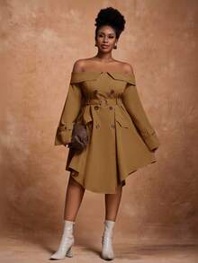 Slaydiva Robe asymétrique à épaules dénudées et double boutonnage pour femmes grandes tailles, couleur unie, robe kaki d'automne pour femmes, robe marron café, robe marron élégante pour femmes - Marron - Voir 12