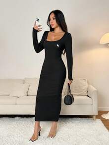 SHEIN PETITE 春夏纯色方领紧身黑色长袖连衣裙，女士优雅长袖方领修身黑色常规袖纯色紧身长裙，夏秋季休闲日常穿着，刺绣茶会连衣裙 - 黑色 - 查看 6